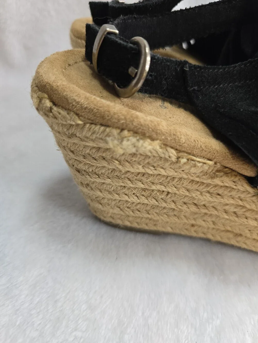 Minnetonka Ashley Fringe Suede Espadrille Wedge Sandals Black Womens Size 6